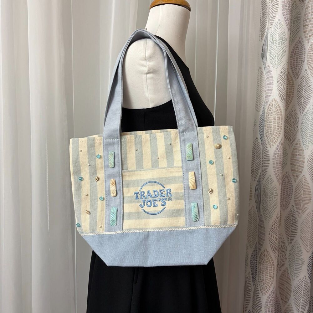 OOAK Custom Trader Joe's Striped Canvas Mini Tote Bag Blue Hand Beaded Shells